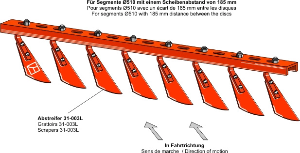 Skrapebar med 9 skrapere - venstre Fitting Ø510, 9 skrapere