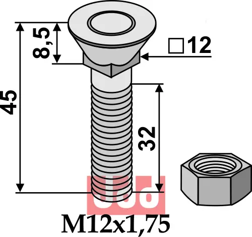 Bolt M12x1,75x45 - 8.8 m. Mutter - JDD Utstyr