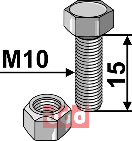 Bolt M10x1,5x15 - 10.9 m. Låsemutter Mulag