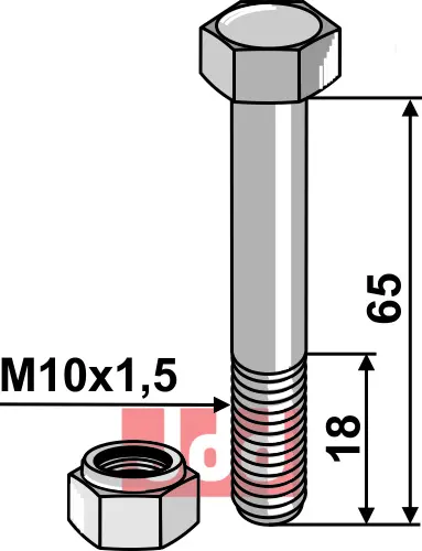 Bolt M10x1,5x65 - 10.9 m. Låsemutter - JDD Utstyr