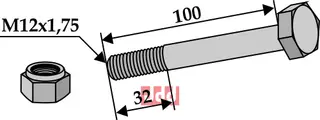 Bolt M12x1,75x100 - 8.8 m. Låsemutter Ferri