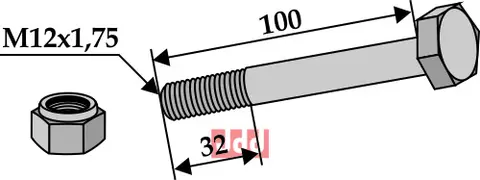 Bolt M12x1,75x100 - 8.8 m. L&#229;semutter Ferri