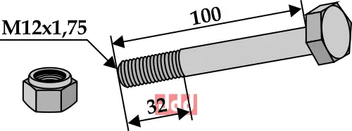 Bolt M12x1,75x100 - 8.8 m. Låsemutter - JDD Utstyr