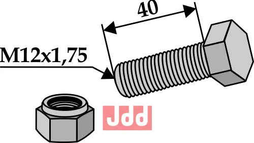 Bolt M12x1,75x40 - 8.8 m. Låsemutter - JDD Utstyr