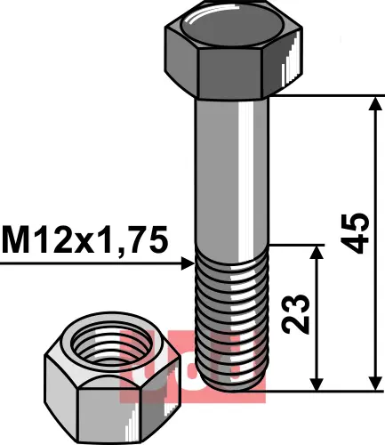 Bolt M12x1,75x45 - 10.9 m. Låsemutter - JDD Utstyr