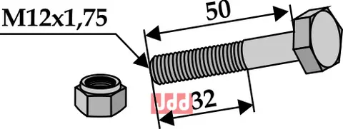 Bolt M12x1,75x50 - 10.9 m. L&#229;semutter Passer til mange fabrikater