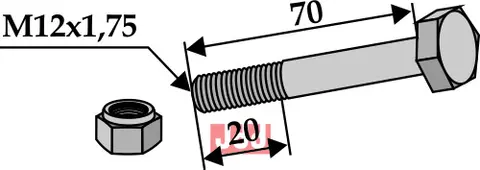 Bolt M12x1,75x70 - 10.9 m. L&#229;semutter Passer til mange fabrikater