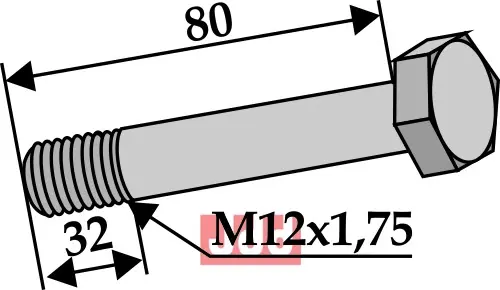 Bolt M12x1,75x80 - 10.9 m. Låsemutter - JDD Utstyr
