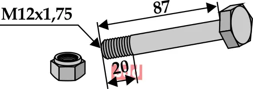 Bolt M12x1,75x87 - 8.8 m. Låsemutter - JDD Utstyr