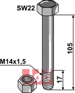 Bolt M14x1,5x105 - 10.9 m. Låsemutter Bomford/Spearhead/Müthing