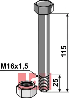 Bolt M16x1,5x115 - 8.8 m. Låsemutter Mulag/Nicolas/Noremat/Rousseau/S.M.A.