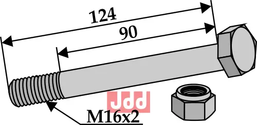 Bolt M16x2x124 - 8.8 m. Låsemutter - JDD Utstyr