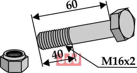 Bolt M16x2x60 - 10.9 m. L&#229;semutter Claas/Ferri/Kuhn/Nobili/Vogel u. Noot