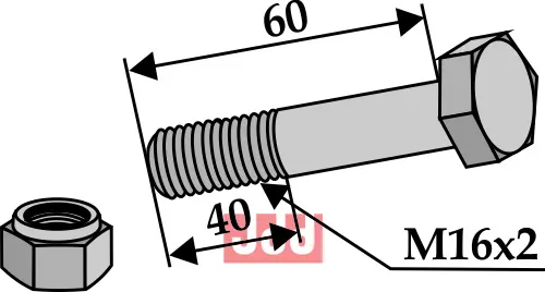 Bolt M16x2x60 - 10.9 m. Låsemutter - JDD Utstyr