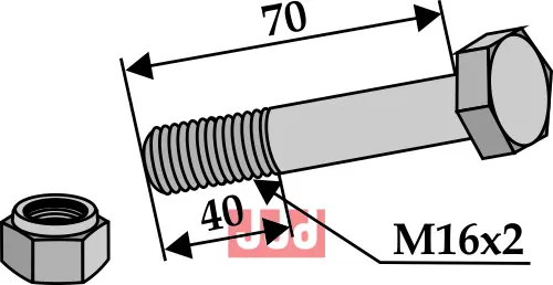 Bolt M16x2x70 - 10.9 m. Låsemutter - JDD Utstyr