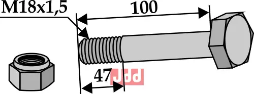 Bolt M18x1,5x100 - 10.9 m. Låsemutter - JDD Utstyr