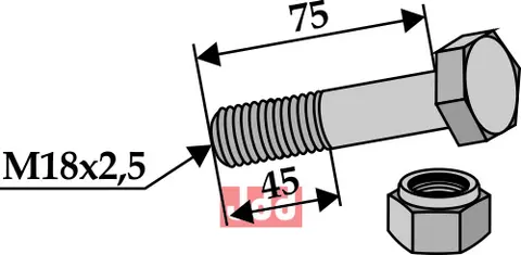 Bolt M18x2x75 - 8.8 m. Låsemutter BAMS