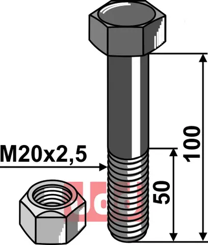 Bolt M20x 2,5x100 - 10.9 m. L&#229;semutter Mulag/Mc Connel