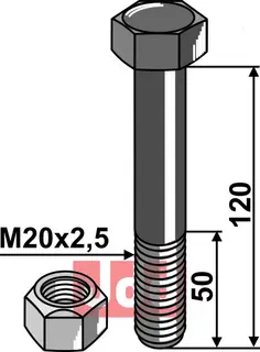 Bolt M20x2,5x120 - 10.9 m. Låsemutter Agromec/Mulag/Agricom