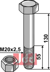 Bolt M20x2,5x130 - 10.9 m. Låsemutter