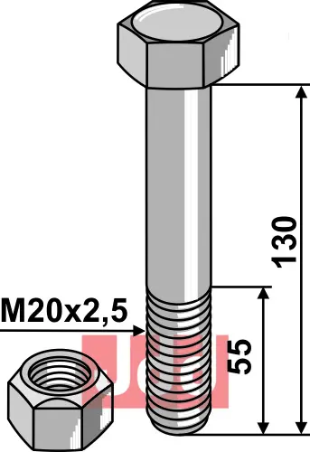 Bolt M20x2,5x130 - 10.9 m. Låsemutter - JDD Utstyr