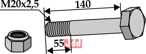 Bolt M20x2,5x140 - 10.9 m. Låsemutter - JDD Utstyr