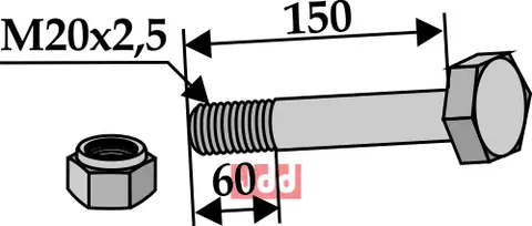 Bolt M20x2,5x150 - 10.9 m. Låsemutter