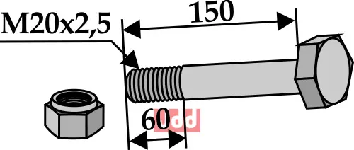 Bolt M20x2,5x150 - 10.9 m. Låsemutter - JDD Utstyr