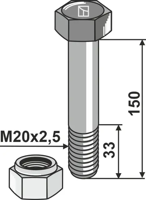 Bolt M20x2,5x150 - 10.9 m. Låsemutter - JDD Utstyr