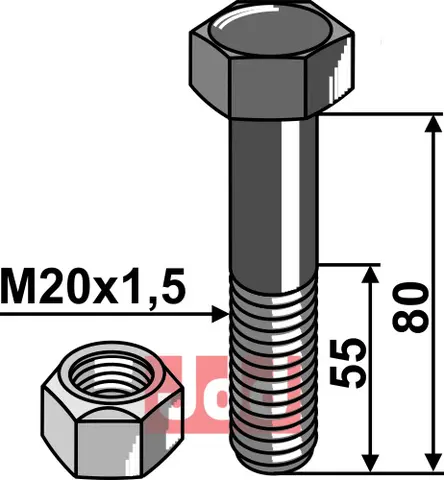Sekskantskrue M20 til Bomford M20x1,5x80, passer til Bomford