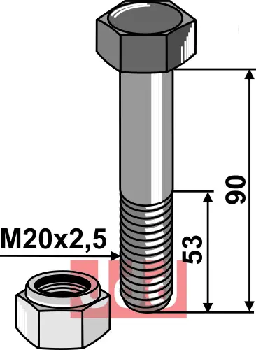 Bolt M20x2,5x90 - 10.9 m. Låsemutter - JDD Utstyr