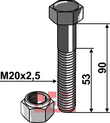 Bolt M20x2,5x90 - 10.9 m. Låsemutter - JDD Utstyr