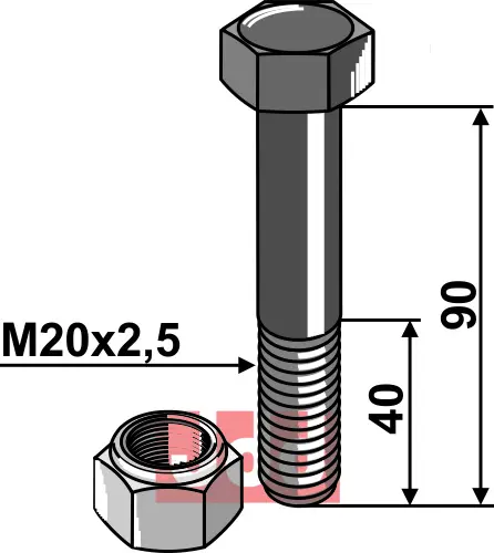 Bolt M20x2,5x90 - 10.9 m. Låsemutter - JDD Utstyr