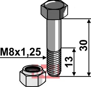 Bolt M8x1,25x30 - 10.9 m. Låsemutter Mulag