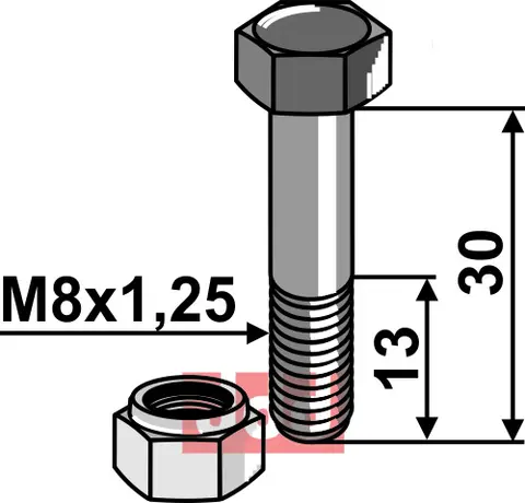 Bolt M8x1,25x30 - 10.9 m. L&#229;semutter Mulag
