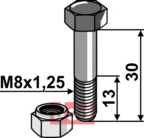 Bolt M8x1,25x30 - 10.9 m. Låsemutter - JDD Utstyr