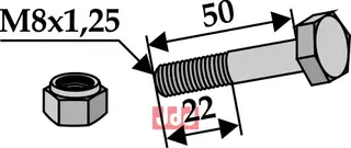 Bolt M8x1,25x50 - 8.8 m. Låsemutter Bomford/Rousseau