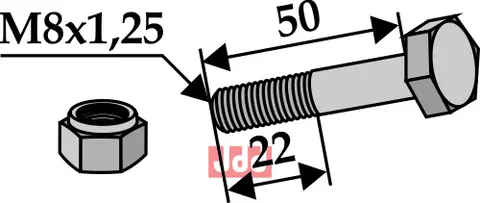 Bolt M8x1,25x50 - 8.8 m. L&#229;semutter Bomford/Rousseau