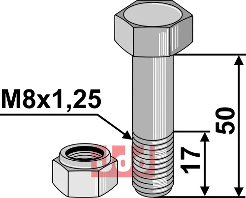 Bolt M8x1,25x50 - 10.9 m. Låsemutter - JDD Utstyr