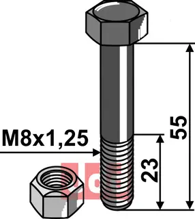 Bolt M8x1,25x55 - 8.8 m. Låsemutter Agrimaster