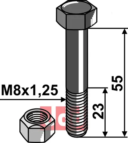 Bolt M8x1,25x55 - 8.8 m. L&#229;semutter Agrimaster