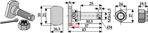 Knivbolt M16x1,5x43 - 12.9 m. kronMutter Humus