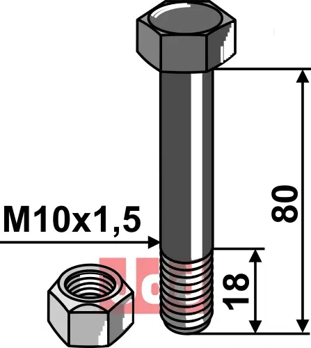 Bolt M10x1,5x80 - 10.9 m. Låsemutter - JDD Utstyr