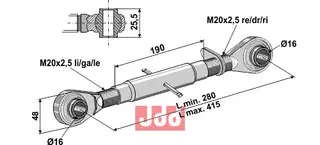 Top-link M20x2,5 Ball høyde 25,5mm, lengde 415mm
