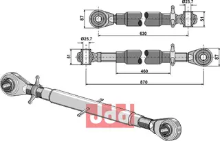 Topplink med herdet tverrstag M36x3, lengde 630-870 mm
