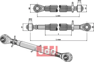 Topplenk M36x3 med herdet stang Ball høyde 51mm, lengde 710mm