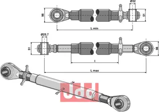 Topplank med herdet stang M36x3 Ballhøyde 51mm, lengde 800mm