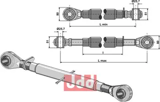 Overlenke M40x3 med herdet stang Ball end 51mm, lengde 760-960mm