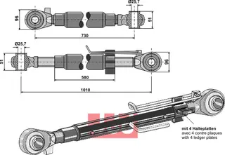 Topplenke med herdet stang M42x3 Kategori II, lengde max 1010mm
