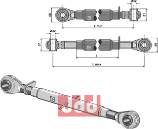 Top-link med herdet stang M40x3 Lengde 660-1080mm, kategori III